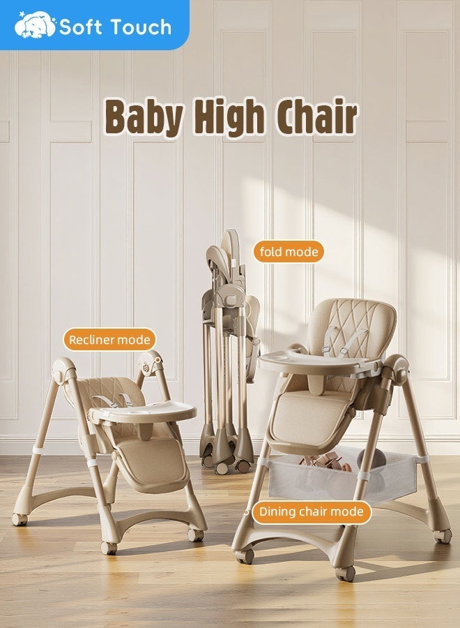 Soft Touch 3-in-1 Baby High Chair, Foldable Toddler Feeding Chair with Removable Soft Cushion and Double Tray, 8 Height Levels, 4 Recline Positions, Baby Dining Chair with Wheels and Storage Basket, Baby Dining Chair for 6–36 Months (Beige) - Image 1